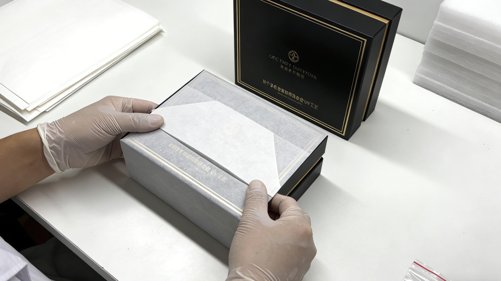 International Shipping Packaging for Custom Rigid Boxes custom rigid boxes packed on pallets and wrapped with stretch film for international shipping