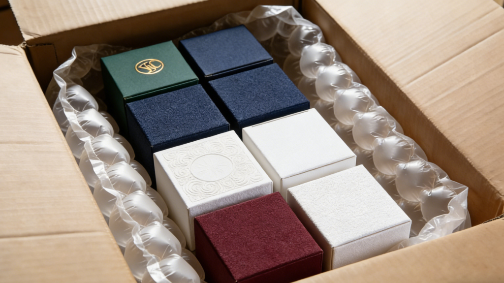 Corrugated Carton Cushioning for Rigid Box Export Packaging rigid box packaging arranged inside corrugated export carton with protective cushioning