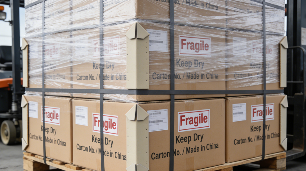 Palletized Custom Rigid Boxes Ready for Global Shipping palletized custom rigid boxes secured with straps stretch film and fragile shipping labels