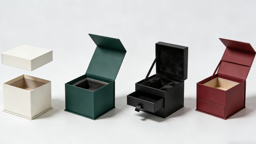 Popular Custom Rigid Box Structures Different custom rigid box styles including lift-off lid box, magnetic closure box, drawer rigid box, and shoulder neck rigid box