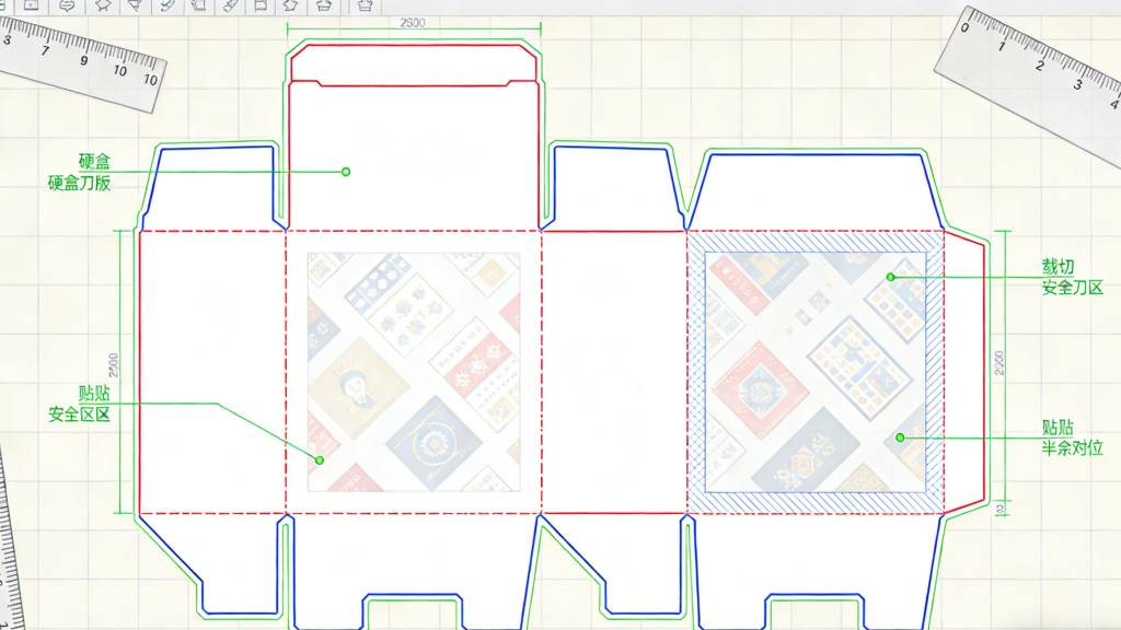 Rigid Box Dieline Alignment Guide Packaging dieline layout showing bleed lines trim marks and safe zones for rigid box design