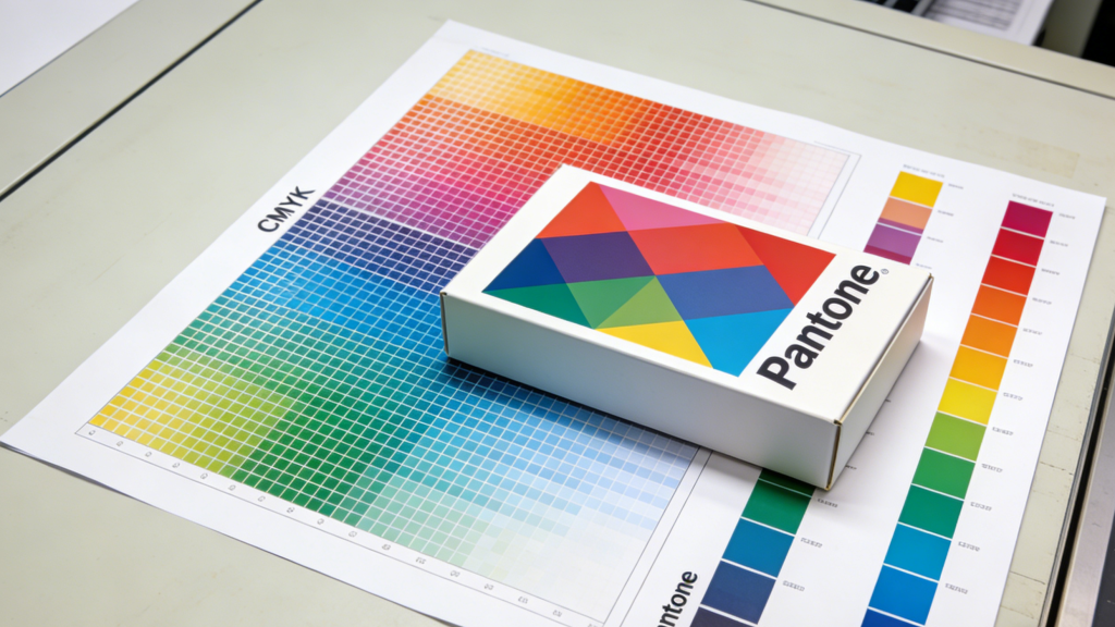 CMYK Color Proof for Rigid Box Printing Printed rigid box color proof sheet beside finished packaging for color matching check