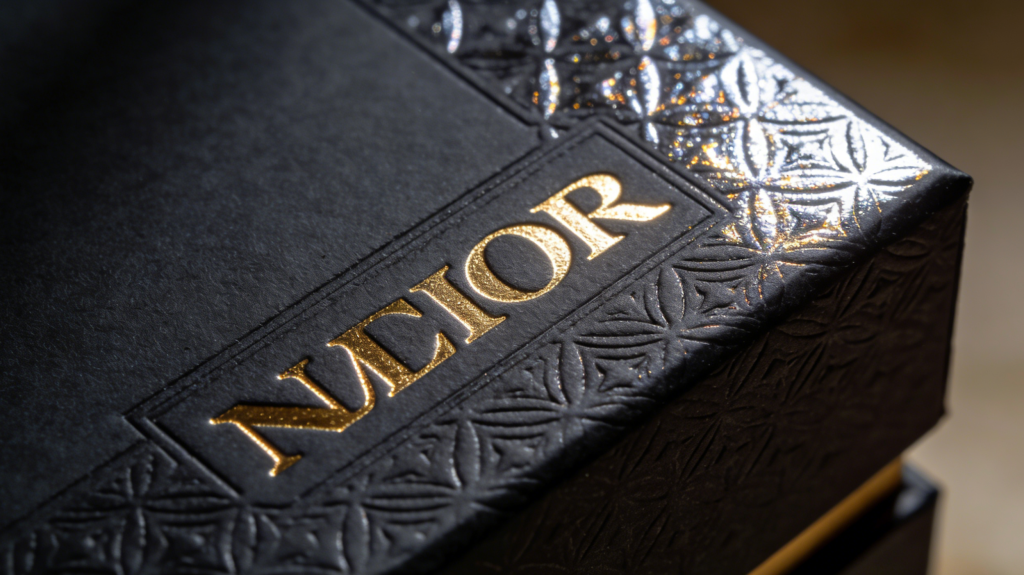 Luxury Printing Finishes on Custom Rigid Boxes Close-up of custom rigid box with gold foil stamping embossing textured paper and spot UV finish