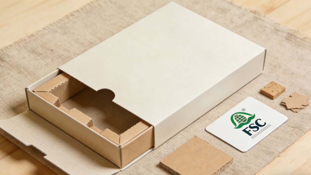 Sustainable rigid box made from recycled paperboard with eco-friendly wrapping paper and FSC-certified packaging materials