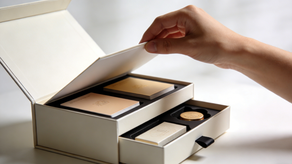 Luxury magnetic closure rigid box being opened, showing layered structure and premium insert for enhanced unboxing experience