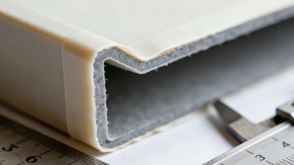 Rigid Box Construction and Greyboard Layer Structure Cross section of rigid box showing thick greyboard core, wrapped printed paper, folded edges, and luxury packaging construction details