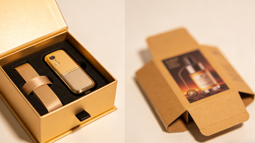 Luxury Rigid Box Packaging Compared to Folding Carton Retail Packaging Luxury product presented in rigid box packaging compared with everyday retail product in standard folding carton packaging