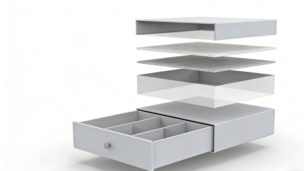 Drawer Rigid Box Structural Layers Exploded view of drawer style rigid box components showing outer sleeve, inner tray, wrapped paper layers, and structural board thickness