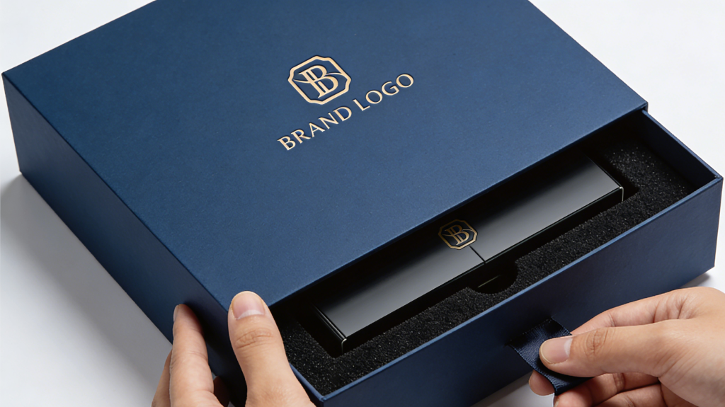 Sliding Rigid Box Unboxing Experience Hands opening a custom drawer rigid box with ribbon pull tab revealing product presentation inside foam insert