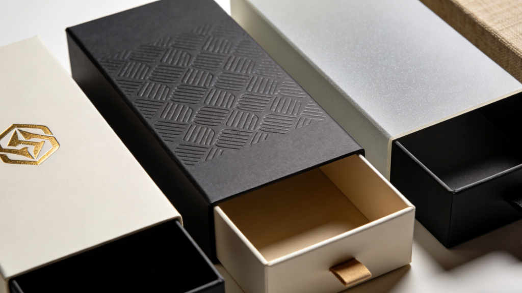 Finishing Options for Drawer Style Rigid Boxes Assorted drawer style rigid boxes with different finishes including embossing, foil stamping, matte lamination, and textured paper surfaces
