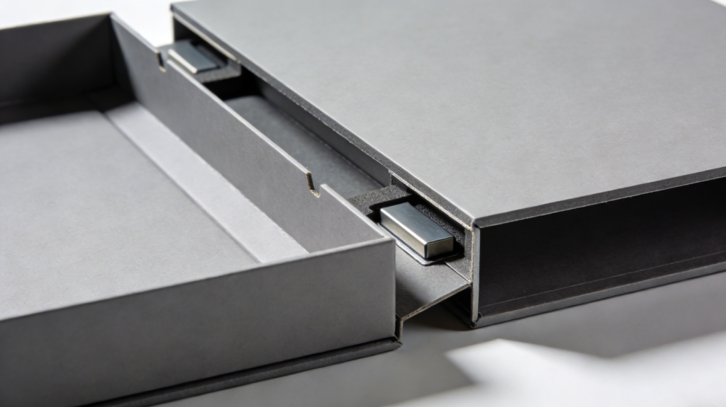 Magnetic Closure Rigid Box Structure and Design Internal structure of magnetic closure rigid box showing embedded magnets and rigid greyboard