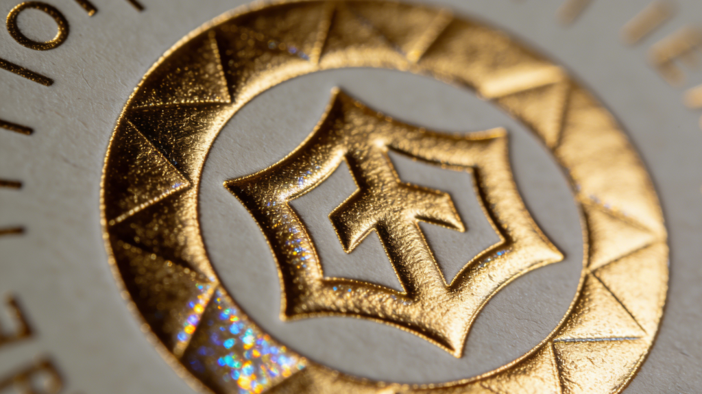 Luxury Printing Finishes on Custom Rigid Boxes Close-up of custom rigid box with gold foil stamping, embossing, textured paper, and spot UV finish