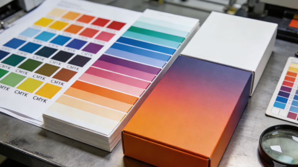 CMYK Color Proofing for Packaging Printing Printed color proof sheet comparing CMYK samples and final rigid box packaging for color accuracy verification