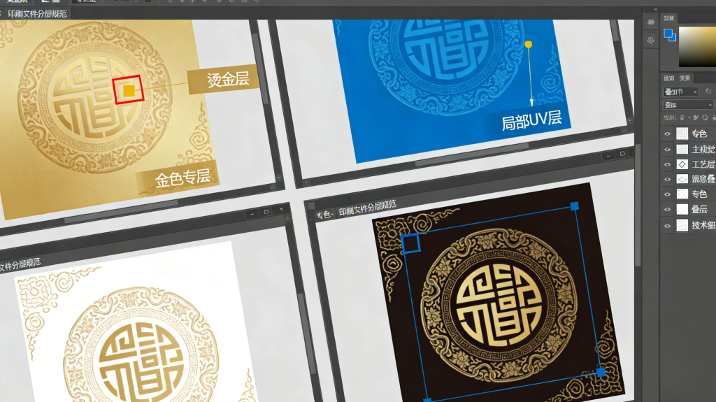 Packaging Artwork Layers for Special Finishes Layered packaging design file showing separate spot UV and foil stamping layers highlighted in different colors