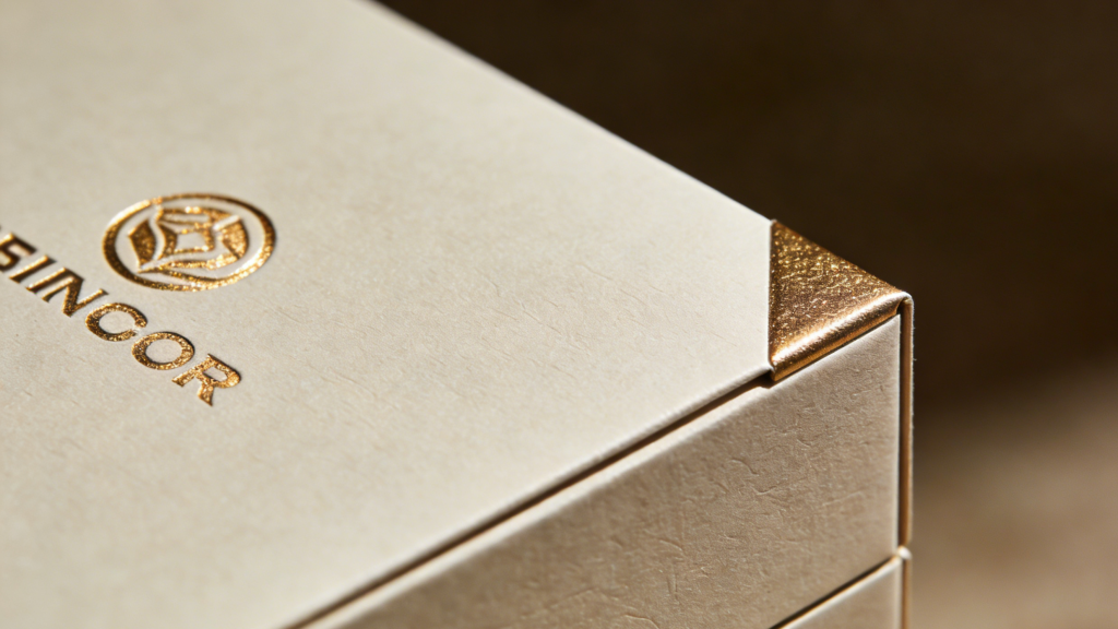 Custom Printed Shoulder Neck Box Finish Close-up of custom printed shoulder neck rigid box with foil stamping and texture