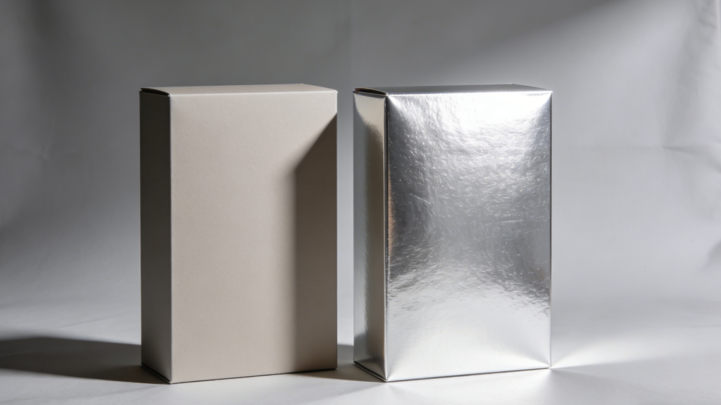 Matte vs Gloss Lamination on Rigid Packaging Comparison of matte and glossy laminated rigid boxes showing texture and light reflection
