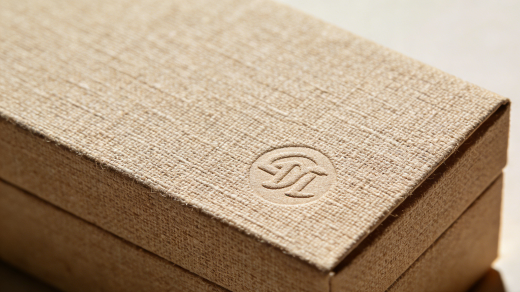 close up of textured paper wrap on rigid box packaging