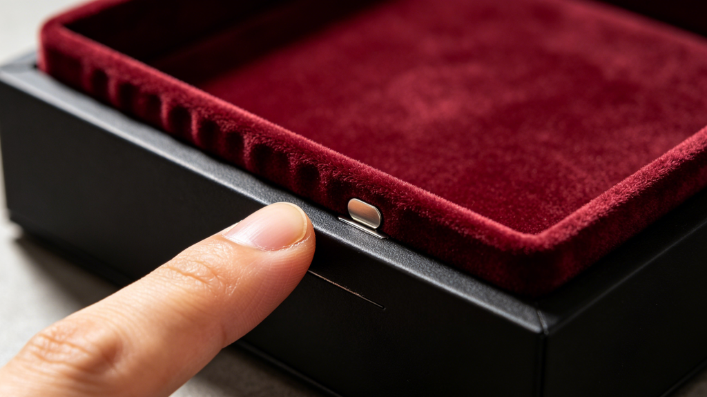 Hidden magnets in luxury rigid box lid Inside view of a custom rigid box with embedded magnets under fabric lining