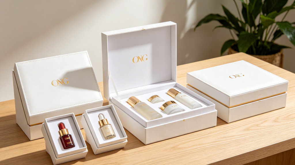 Custom white magnetic closure box for luxury skincare Set of cosmetic products in white magnetic closure rigid box with gold foil logo