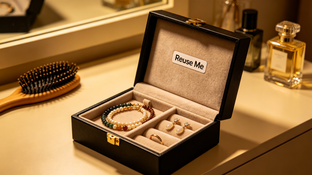 Sustainable premium packaging – rigid box reused for jewelry Reusable magnetic closure rigid box repurposed as a jewelry storage organizer