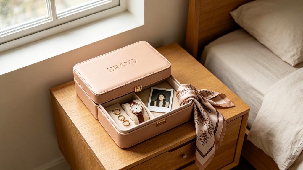  A decorative rigid box being reused as a keepsake storage on a bedroom dresser, displaying the brand logo subtly on the lid

