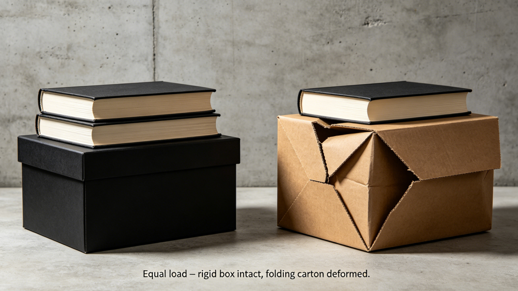 Protection Comparison – Rigid Box Withstands Weight, Folding Carton Fails crush resistance test showing rigid box holding weight while folding carton collapses