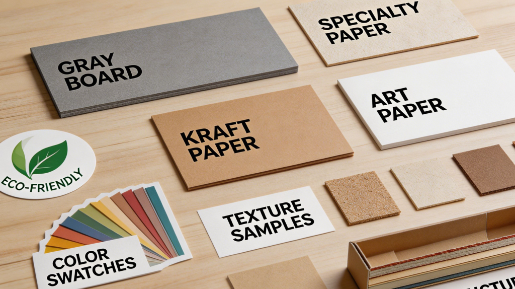 Rigid box material selection with paper textures and greyboard samples