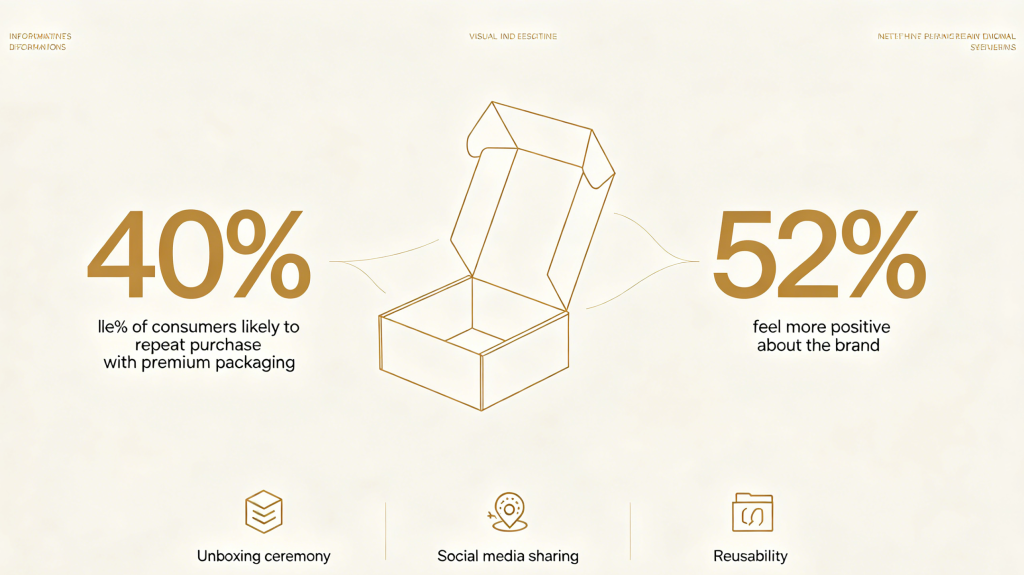 Infographic illustrating that premium packaging like custom rigid boxes increases repeat purchase likelihood by 40 percent