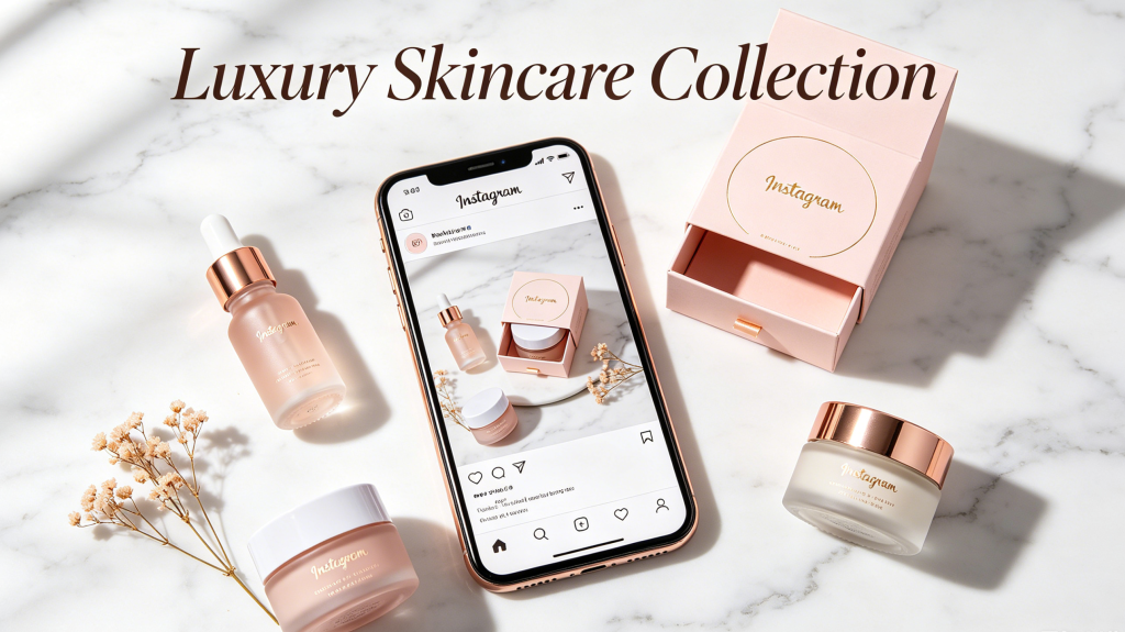  Flat lay photography of a smartphone, a custom rigid box, and beauty products arranged for social media sharing on a marble surface