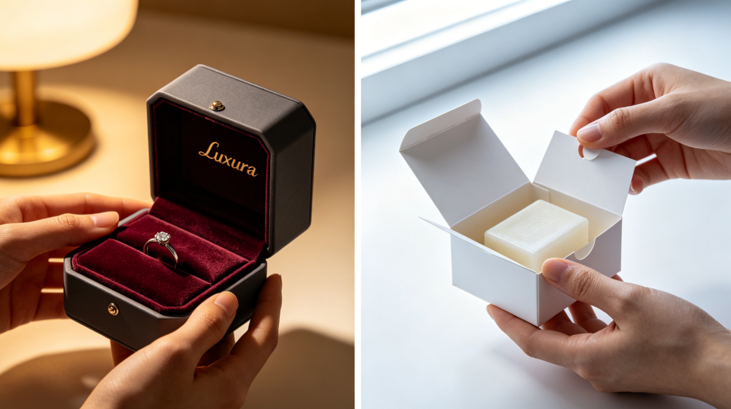 Unboxing Experience – Rigid Box Creates Ceremony, Folding Carton Offers Simplicity luxury unboxing with rigid box featuring magnetic closure and velvet lining compared to simple folding carton tuck flap