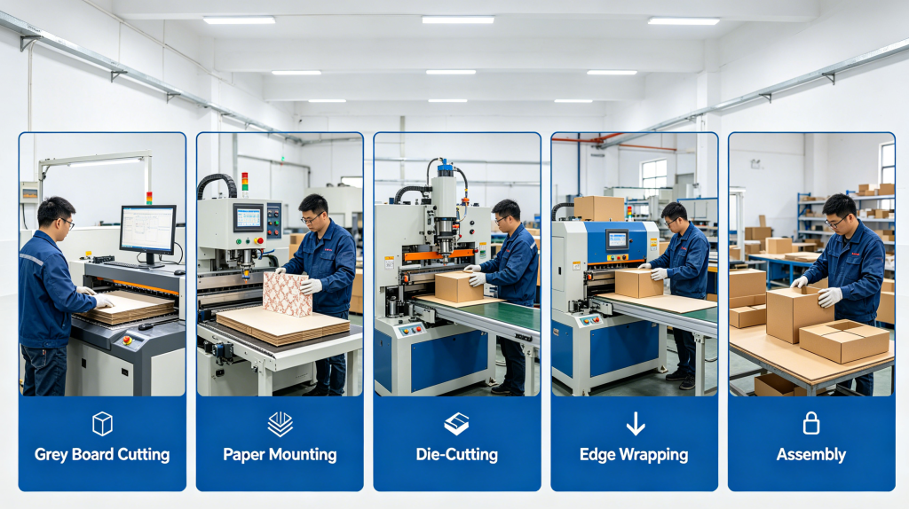 Custom rigid box manufacturing process in packaging factory