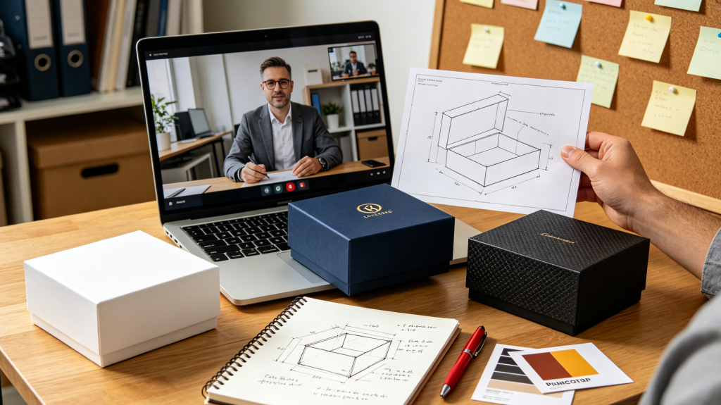 Smooth Communication – Design Approval and Project Management with Rigid Box Manufacturer project manager discussing rigid box dieline and foil color with brand team via video call