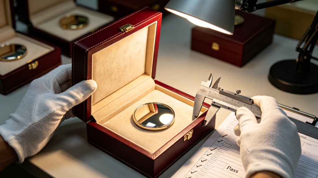 Quality Verification – Inspecting Rigid Box Samples Before Mass Production brand manager inspecting rigid box sample from manufacturer checking edge wrap and closure alignment