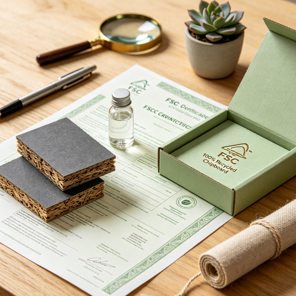 Sustainability Proof – FSC Materials and Water‑Based Adhesives from a Responsible Manufacturer FSC certified recycled chipboard and water-based adhesive displayed by rigid box manufacturer for eco brands